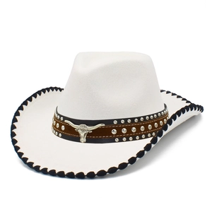 Classic white western cowboy hat with studded brown band and silver bull head emblem