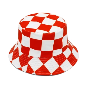 Classic red and white checkerboard reversible bucket hat in high-quality canvas fabric
