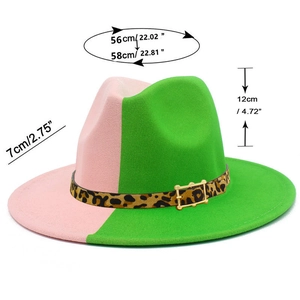 Detail showing two-tone pink and green wool fedora with leopard band and size measurements