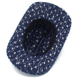 Detail of sequined denim cowboy hat with frayed edges and internal sweatband adjustment