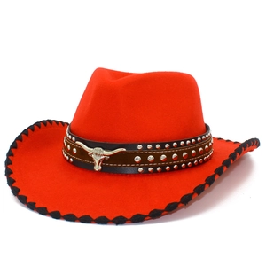 Classic red western cowboy hat with leather band and silver bull head metal ornament