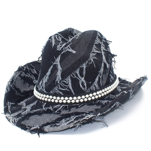 Classic black denim cowboy hat with raw edges and double-row pearl trim on white background