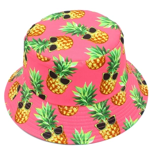 Pink bucket hat with pineapple print and sunglasses pattern for outdoor summer wear