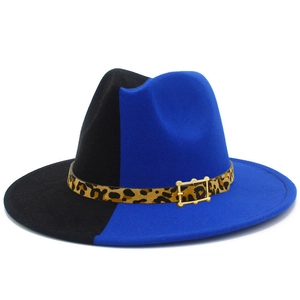 Two-tone black and blue wool fedora hat with leopard print band and gold buckle