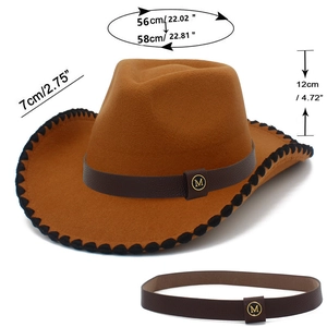 Chapeau de cow-boy marron avec dimensions: bord 7cm, hauteur 12cm et tour de tête 56-58cm