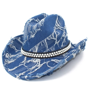 Distressed Denim Cowboy Hat For Women Men Frayed Tassel Western Hat With Faux Artificial Pearl Fashion Streetwear Hip Hop Sun Hat
