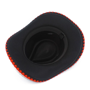 Macro detail of the interior sweatband and material label of this black cowboy hat