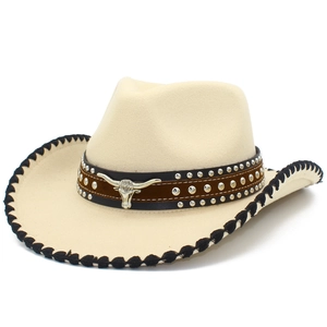 Classic beige felt cowboy hat with bull head metal ornament and studded leather band