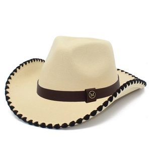 Chapeau de Cowboy Occidental Feutre Fedora Bord Large Avec Bande en Cuir Logo Métallique Surpiqûres Contrastées Homme Femme Soleil
