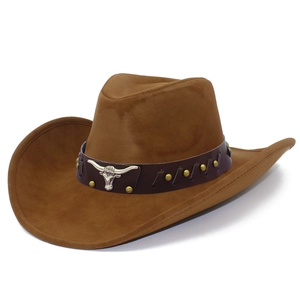 Classic brown PU leather western cowboy hat with silver bull head emblem and metal studs