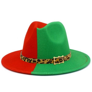 Two-tone red and green felt fedora hat with leopard print band and metal buckle