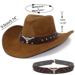 Close-up of the bull head emblem and golden rivets on the dark brown cowboy hat band