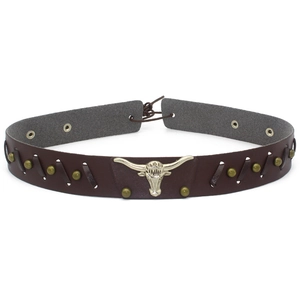 Western style dark brown leather cowboy hat band with silver bull head and metal studs