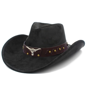 Classic black PU leather cowboy hat with silver bull head metal ornament and brown band