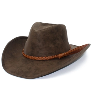 Classic dark brown PU leather fedora hat with wide brim and braided decorative band