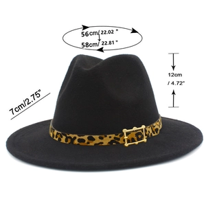 Detailed dimension guide for black wool felt fedora with stylish leopard print band