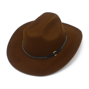 Detail of coffee brown wool western cowboy hat with studded leather belt and gold ring buckle