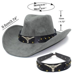 Detaillierte Maße des Western-Cowboyhuts mit Stierkopf-Emblem und PU-Lederband-Dekor