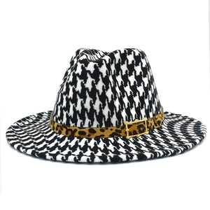 British style houndstooth fedora hat with leopard print band and gold buckle