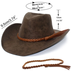 Brown PU leather cowboy hat size guide showing 9.5cm brim and 56-58cm circumference