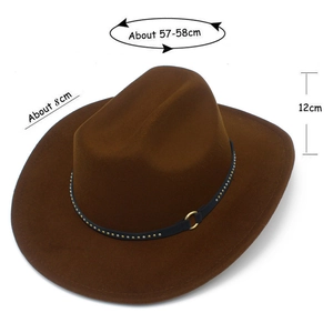 Detailed view of brown felt cowboy hat with measurement guide and gold buckle trim