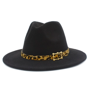 Classic black felt fedora hat with leopard print band and golden buckle for women and men