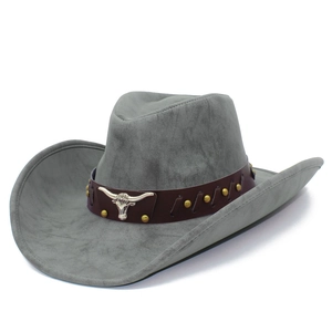 Classic grey faux leather cowboy hat with silver bull head and brown studded strap