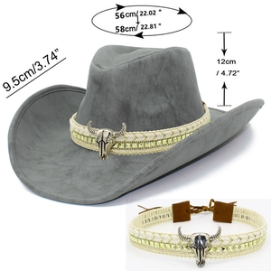 Detailed view of grey western cowboy hat with bull skull buckle and braided band