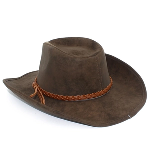 Close-up of deep brown western cowboy hat with woven leather trim and fringe detail
