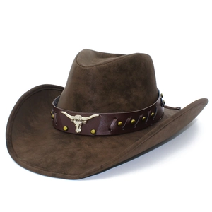 Western Cowboy Hat Retro PU Suede Wide Brim Hat With Bull Head Metal Decor Rivet Band Men Women Outdoor Sun Hat