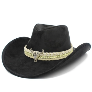 Classic black faux leather western cowboy hat with woven band and silver bull skull ornament