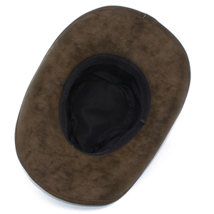 Detail of internal fabric lining and stitching on a dark brown western cowboy hat
