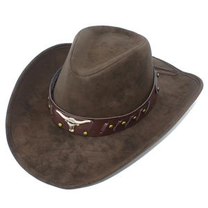 Detail of dark brown faux leather cowboy hat featuring vintage metal bull head ornament
