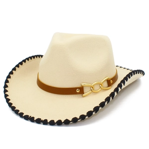 Creamy beige felt cowboy hat with brown leather band and decorative metal chain detail