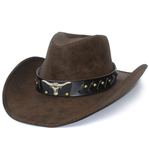Klassischer dunkelbrauner Western-Cowboyhut aus PU-Leder mit metallischem Stierkopf