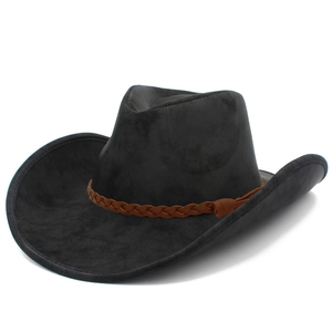 Classic black faux leather wide brim fedora hat with brown braided leather band detail