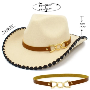 Detail view of cream cowboy hat with black braided edge, leather band and metal chain buckle