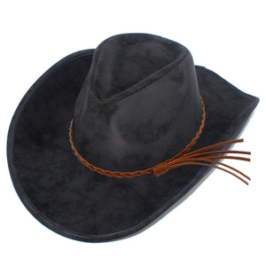 Detail of dark grey PU leather cowboy hat with brown braided band and side fringe trim