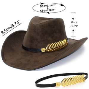 Brown faux suede western fedora hat featuring golden leaf metal details and leather band