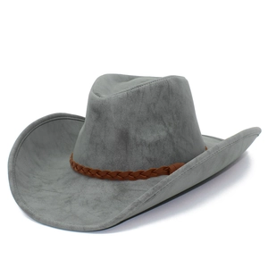 Classic grey wide brim fedora hat with brown braided leather band for modern fashion