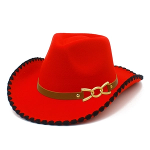 Classic red wool felt fedora with black stitched brim and gold metal chain buckle detail