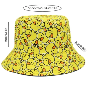 Detail view of cartoon duck bucket hat showing dimensions 56-58cm head circumference