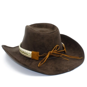 Detail of dark brown faux suede cowboy hat with white braided cord and metal studs