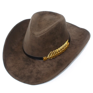 Detail of classic brown PU leather fedora with black strap and golden feather metal accent