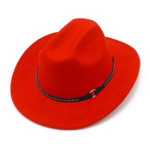 Classic red felt cowboy hat with black leather belt and gold studded accents