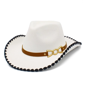Classic white felt cowboy fedora hat with brown leather band and gold metal buckle detail