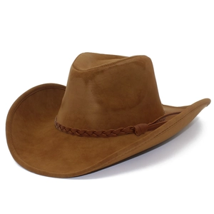 Classic brown PU leather cowboy hat with wide upturned brim and woven decorative band