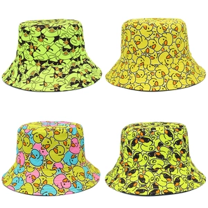 Unisex Cartoon Little Yellow Duck Print Cotton Bucket Hat Double Sided Reversible Sun Protection Fisherman Cap Outdoor Travel Beach Hat