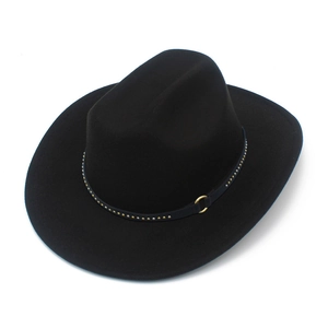 Detail view of black wool western hat featuring a belt with gold studs and round buckle