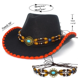 Dettaglio cappello da cowboy nero con cuciture rosse e fascia decorativa in turchese